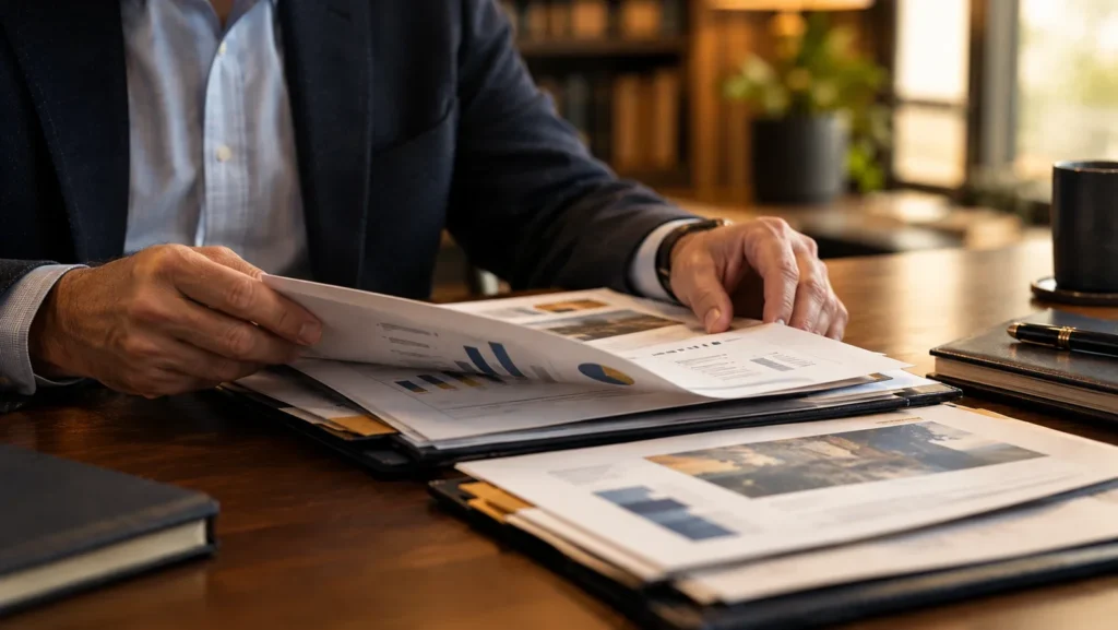 Hands reviewing printed reports and charts on a wooden table, representing an advisor's record of client results