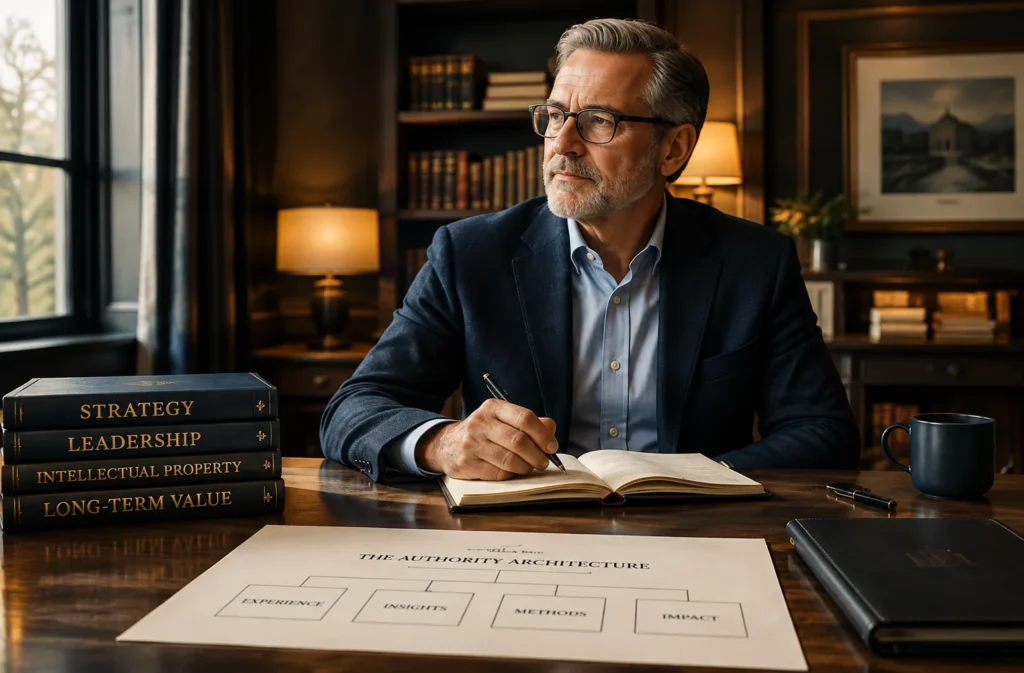 Executive advisor with glasses writing in a notebook at a desk with leadership and strategy books beside him