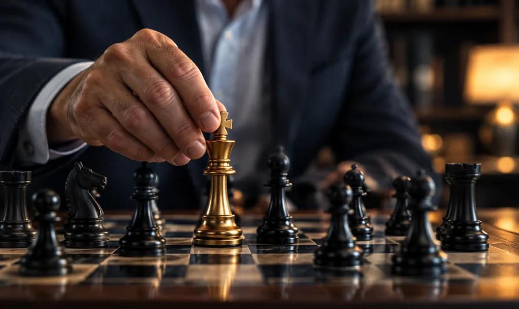 Hand moving a chess piece on a chessboard, representing an advisor's strategic thinking