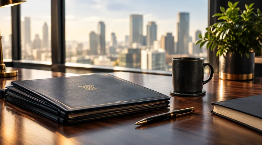 Closed navy notebook on a desk in front of a window overlooking a city skyline Title attribute: The Starting Point