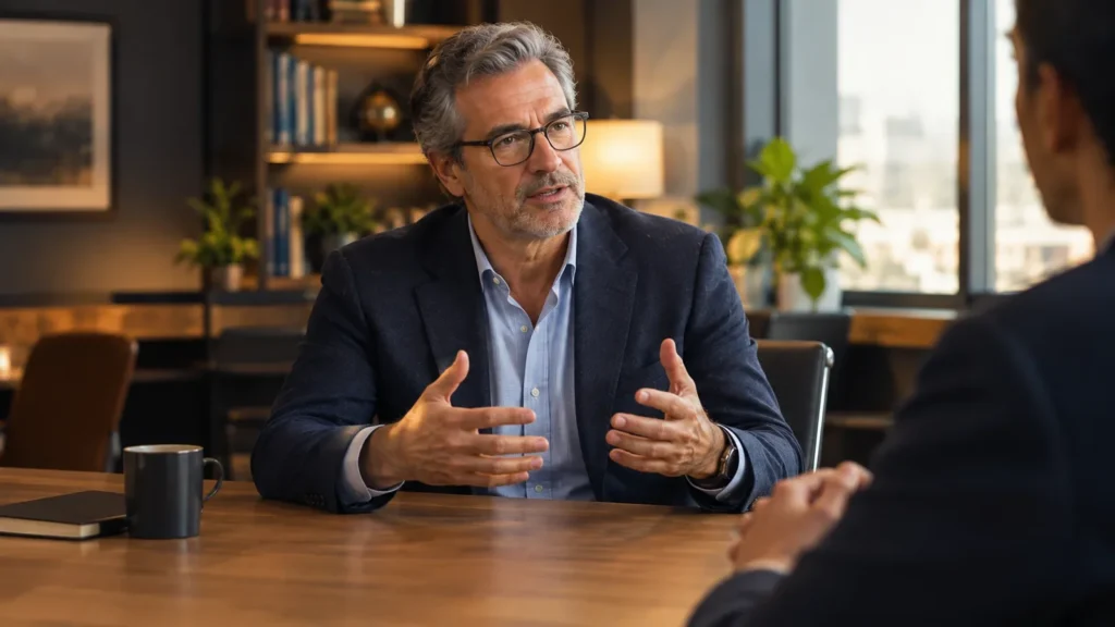 Consultant in a navy blazer and glasses gesturing as he explains a point to someone across a table