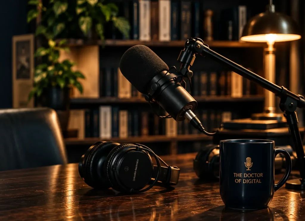 Podcast microphone and headphones beside a Doctor of Digital mug on a desk in front of a bookshelf