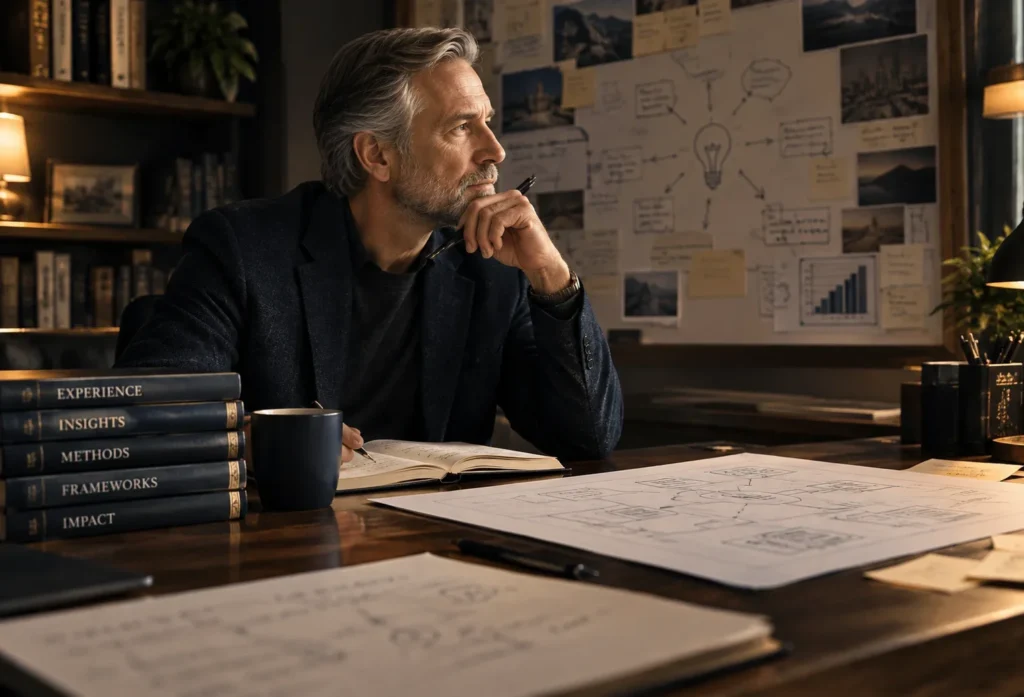 Executive at a desk, hand at chin, reflecting on the expertise he has built over a long career