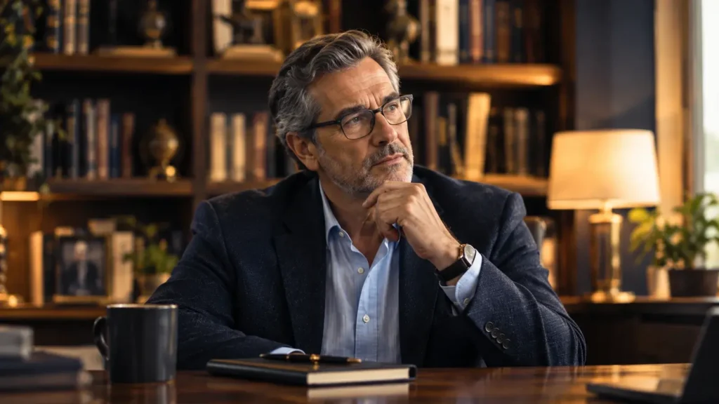 Seasoned executive advisor in a suit resting his chin on his hand, deep in thought, in front of a bookshelf