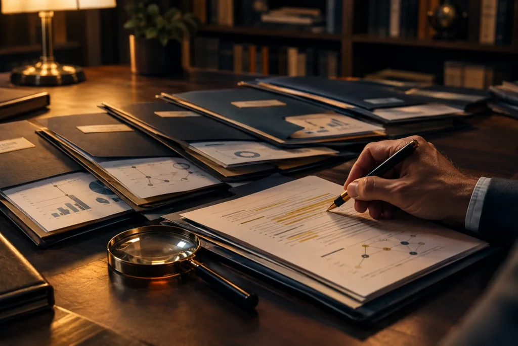 Person writing notes on a desk with a magnifying glass and notebooks, examining an advisor's recurring patterns