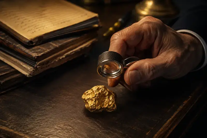 Hand examining a gold nugget with a jeweler's loupe, symbolizing intellectual property hidden in experience