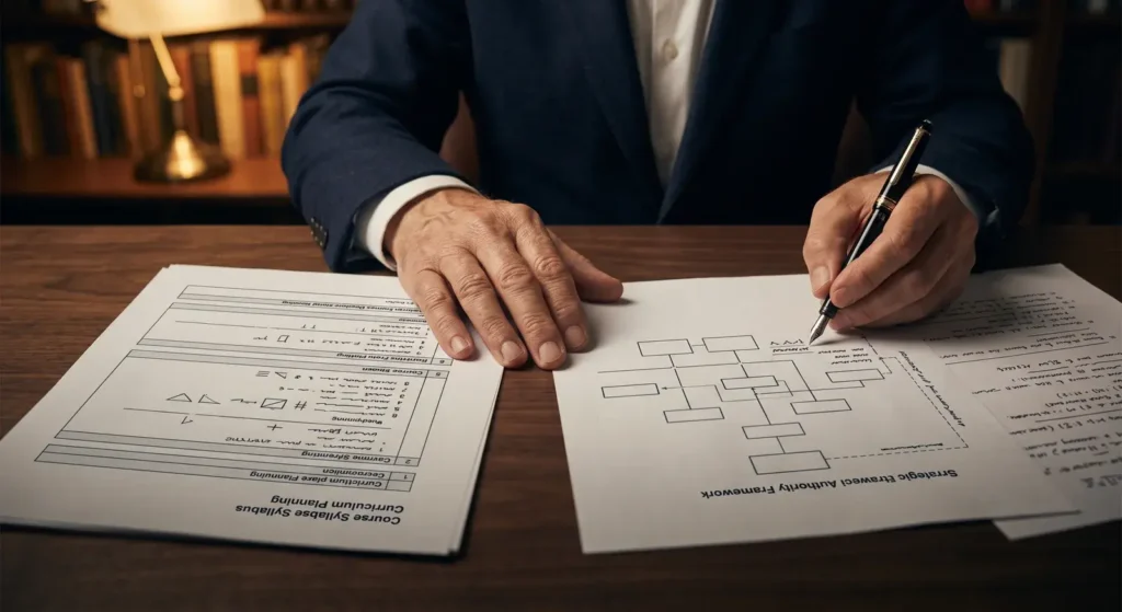 Hand in a navy suit sketching a flowchart on paper, representing systems design and structured expertise