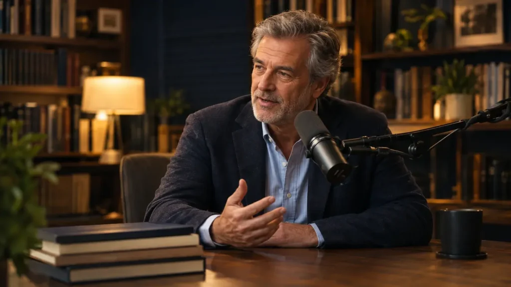 Gray-haired man in a dark blazer speaking beside a podcast microphone at a desk in a warmly lit library