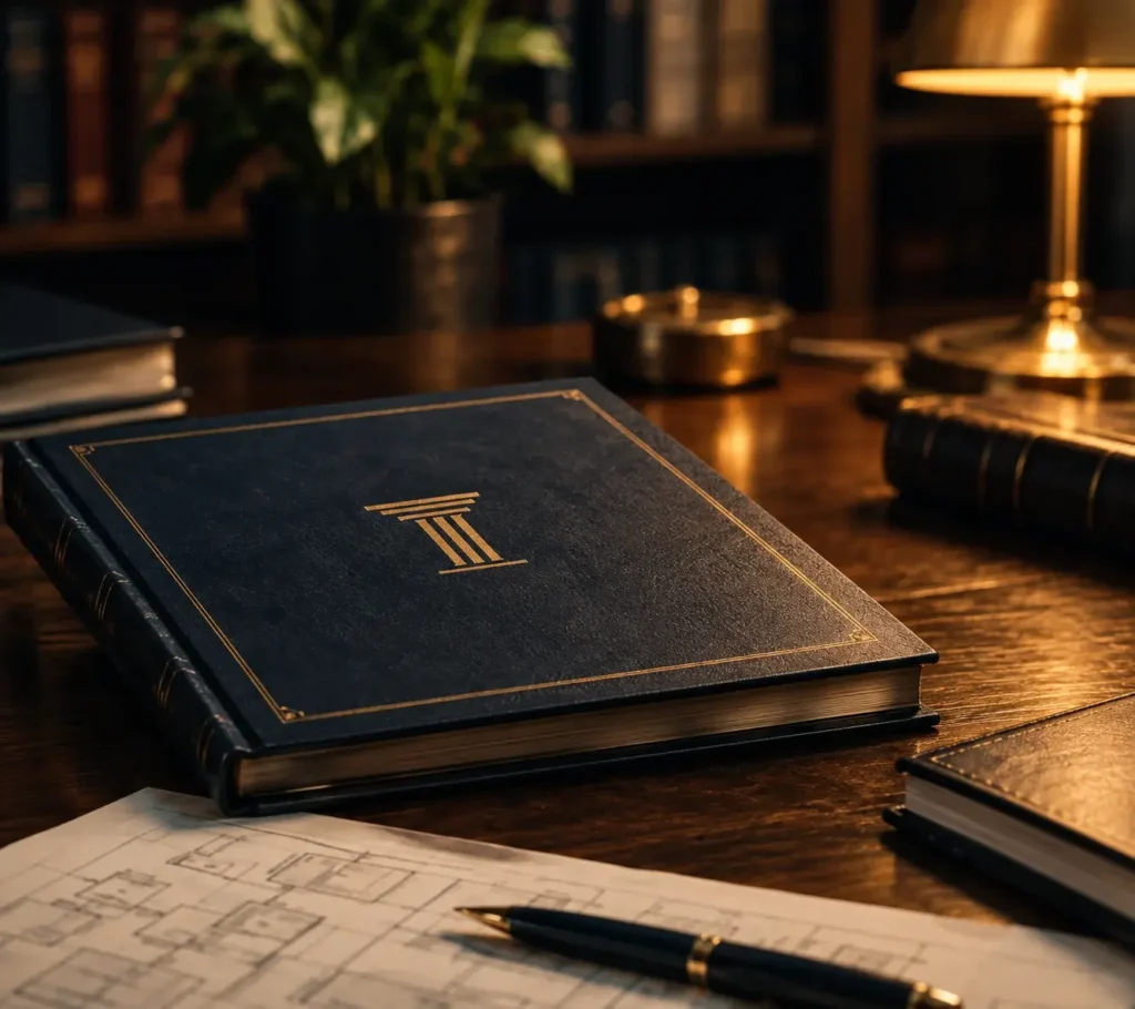 Navy hardcover book with a gold column emblem on a wooden desk beside a lamp and printed papers