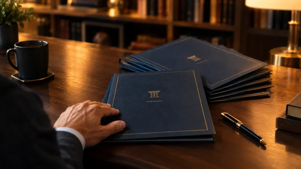 Hand on navy portfolios embossed with a pillar emblem beside a fountain pen, representing an ownable framework