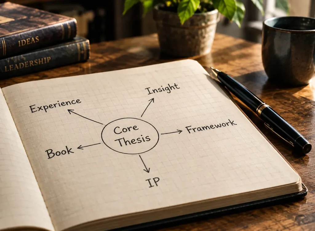 Notebook mind map connecting experience, insight, core thesis and framework to intellectual property and a book