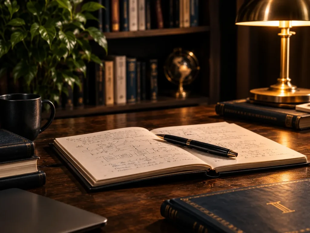 open-notebook-fountain-pen-brass-lamp-desk