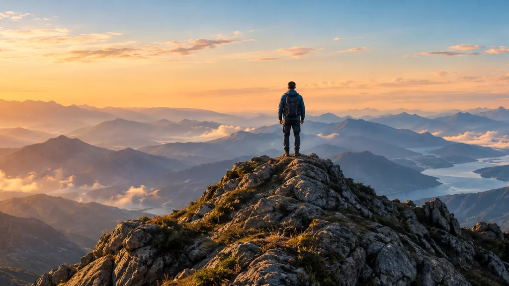 Person standing on a mountain summit at sunset, symbolizing the clarity that comes from structuring expertise