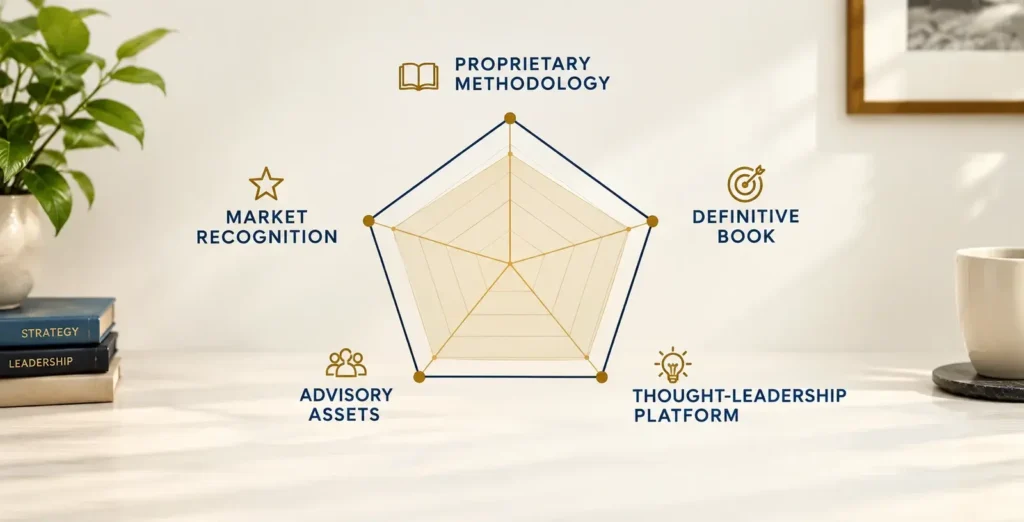 Pentagon-shaped framework diagram representing a proprietary methodology built from executive experience
