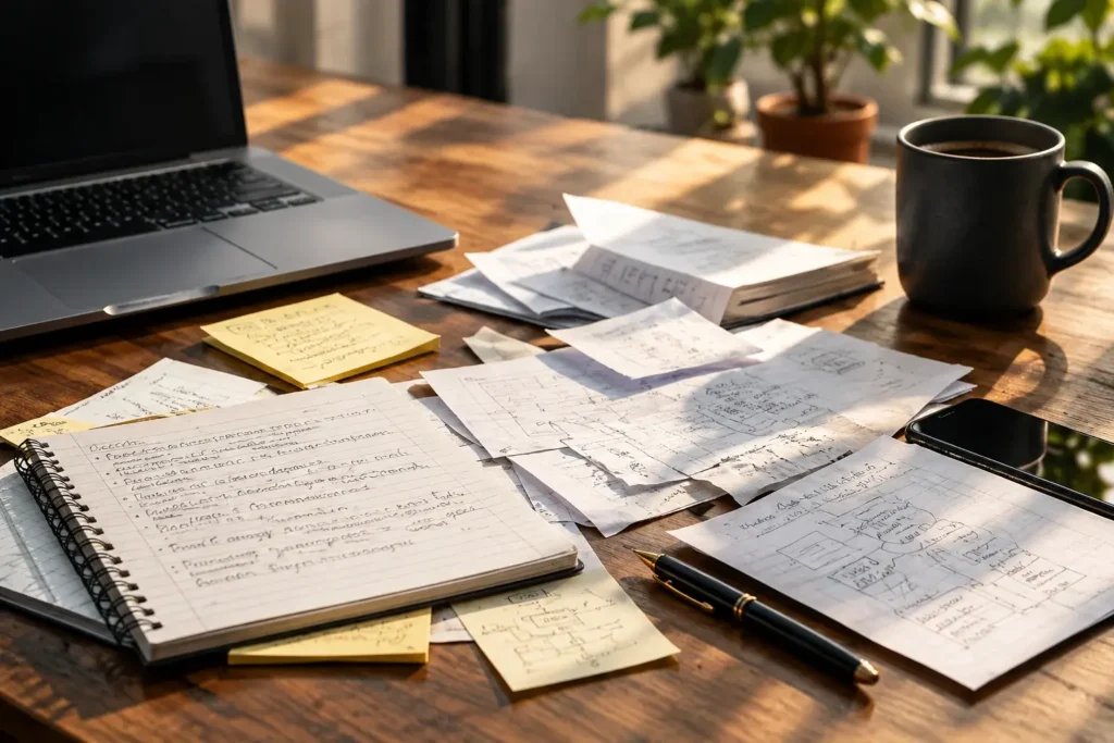 Scattered notebooks and papers on a desk, representing an executive's unstructured expertise
