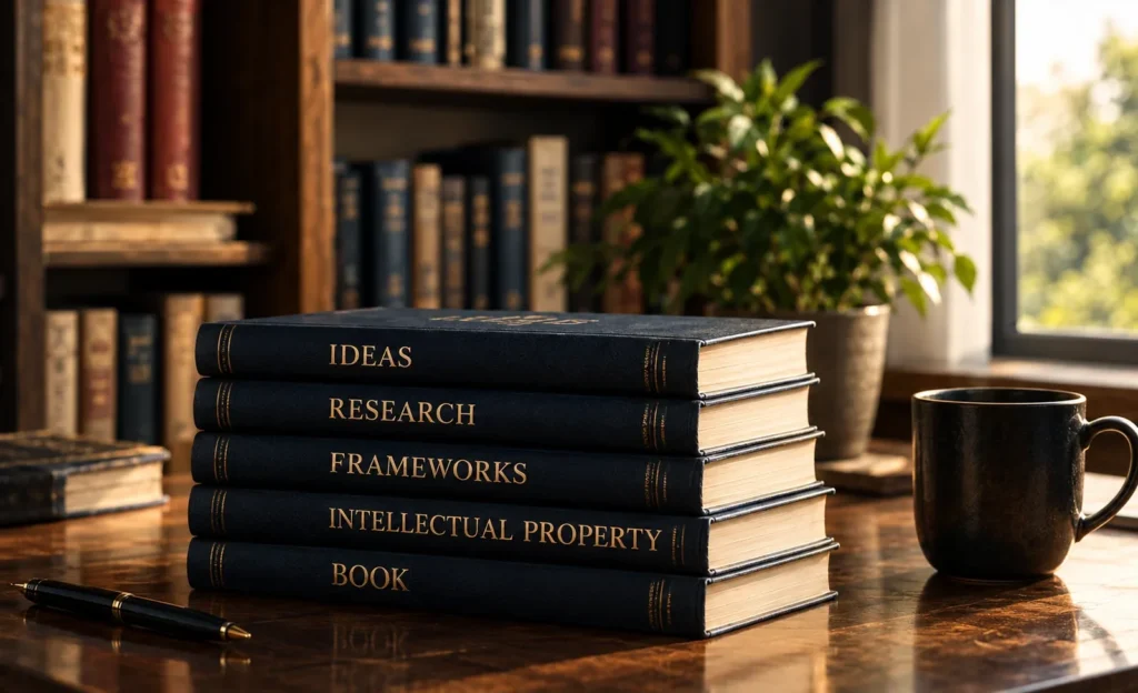 Stack of books labeled ideas, research, frameworks, intellectual property, and book on a desk beside a black mug